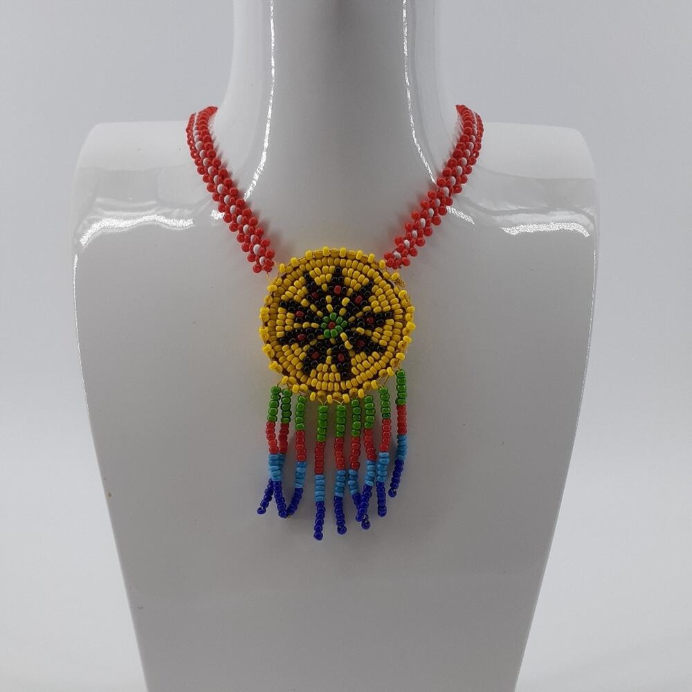 Vintage Glass Bead Necklace Dream Catcher Handmade Noho Southwestern